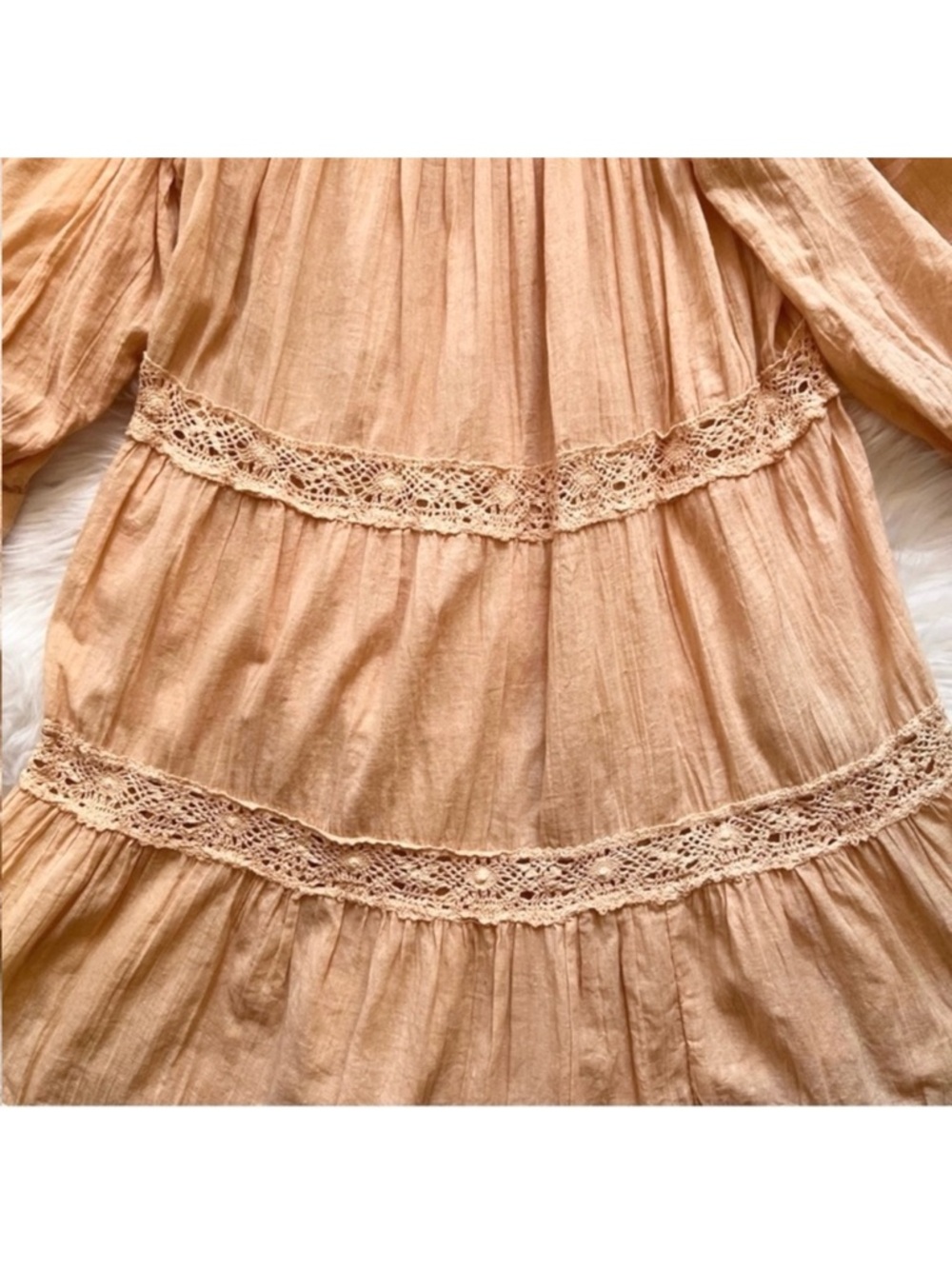 New! JEN'S PIRATE BOOTY Almond Lace Tiered Ruffled Mini Dress in Peachy Tan - Picture 9 of 12